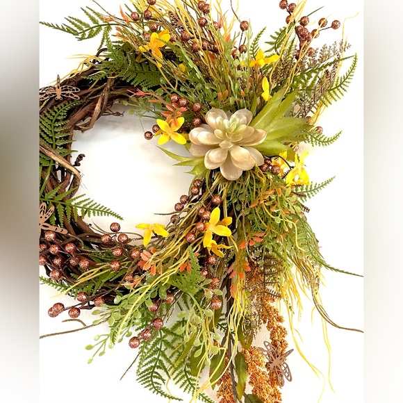 Yellow  wreath with wooden dragonflies and faux succulents - Picture 2 of 9